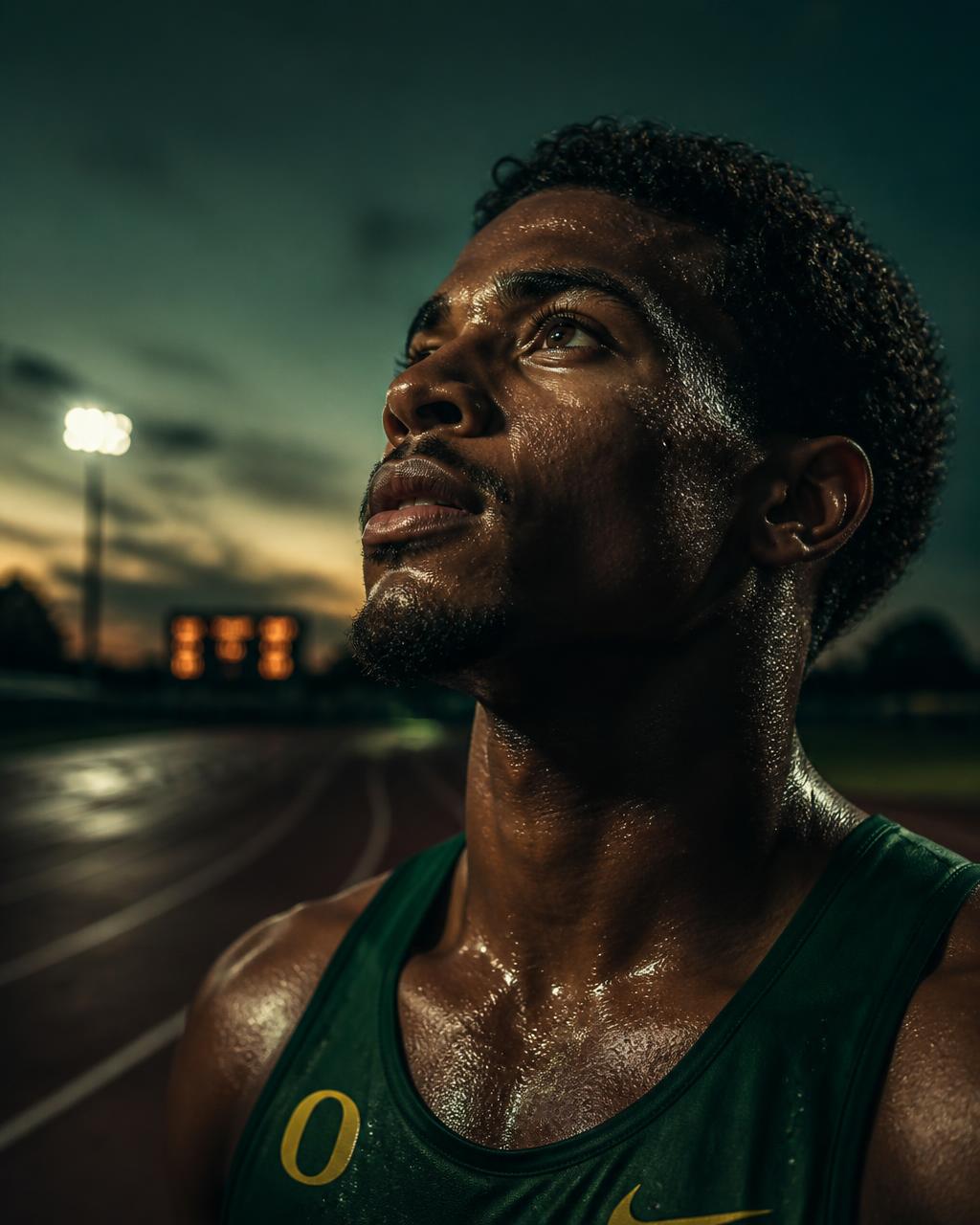 An athlete in a quiet moment of reflection after a run